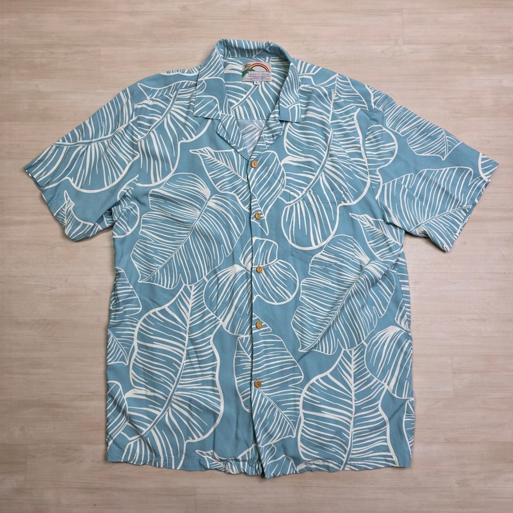 Paradise Found Mens Hawaiian Shirt Large Blue White Taro Leaf Rayon Aloha